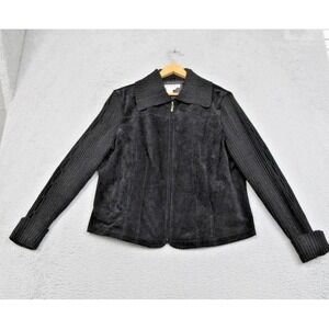 A.M.I. Jacket Womens XL Black Leather Knit Sleeves Collar Full Zip Lined Coat